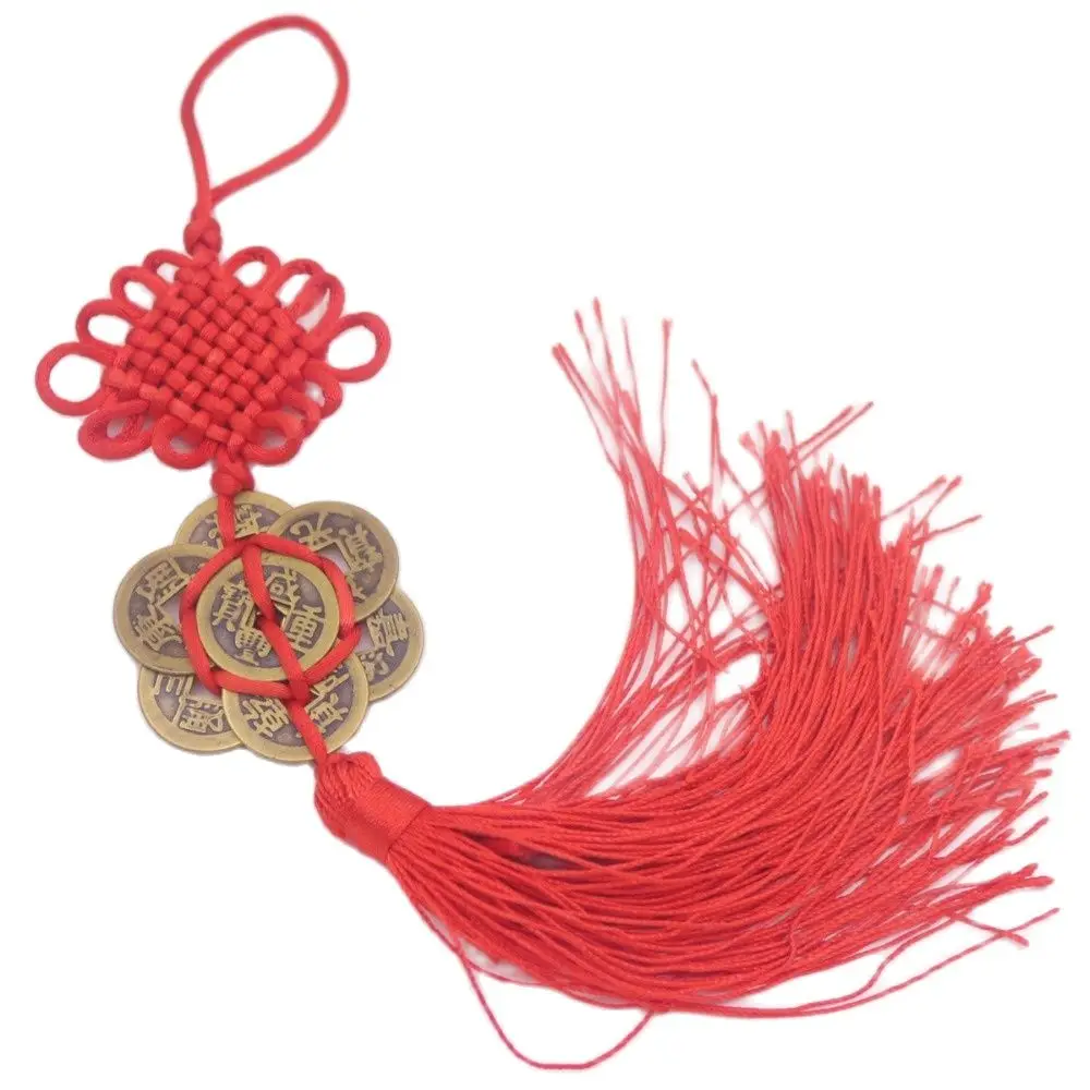 

Red China Knot Brass Metal 23mm Seven Coin Tassel Wealth Lucky 12" Long