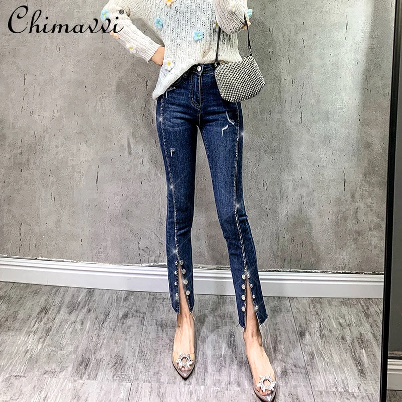 

Elegant Fashion Lady Buttons Decoration Split Long Jeans Autumn 2021 New Hot Rhinestone High Waist Straight Ankle-Length Pants