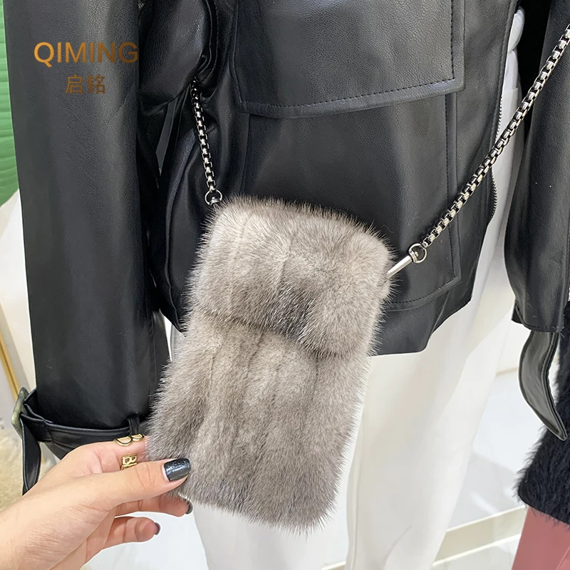 100% Real Mink Fur Bag Crossbody Bags For Women Autumn Winter Plush Purses and Handbags Female Phone Shoulder Bag Girls Wallet