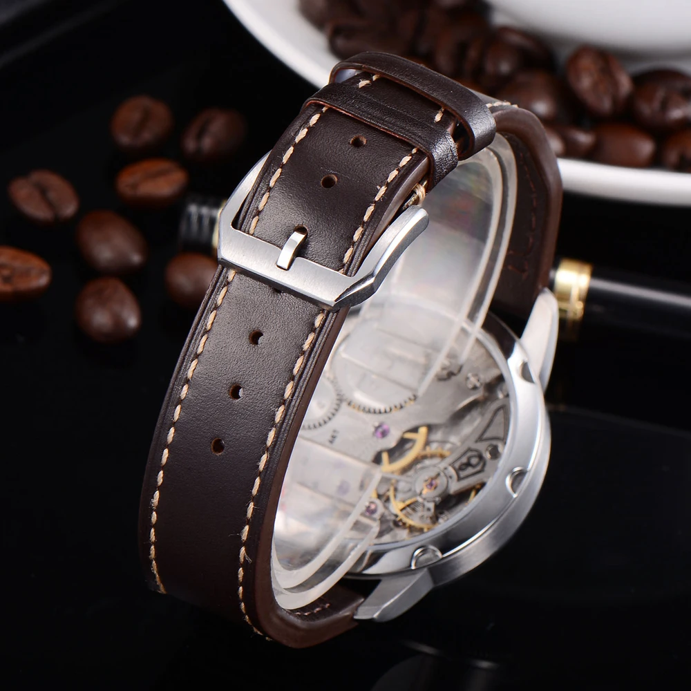 Parnis 44 мм 17 ювелирных изделий ручной намотки 6498 чехол из нержавеющей стали кожаный