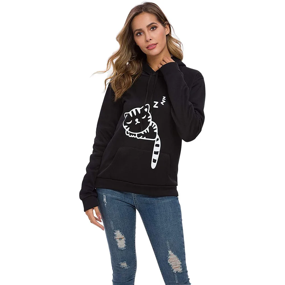 

Women Teen Girls Cat Hoodie Sweatshirt Cute Cat Ear Sleeping Cat Printed Pullover Sweatshirt