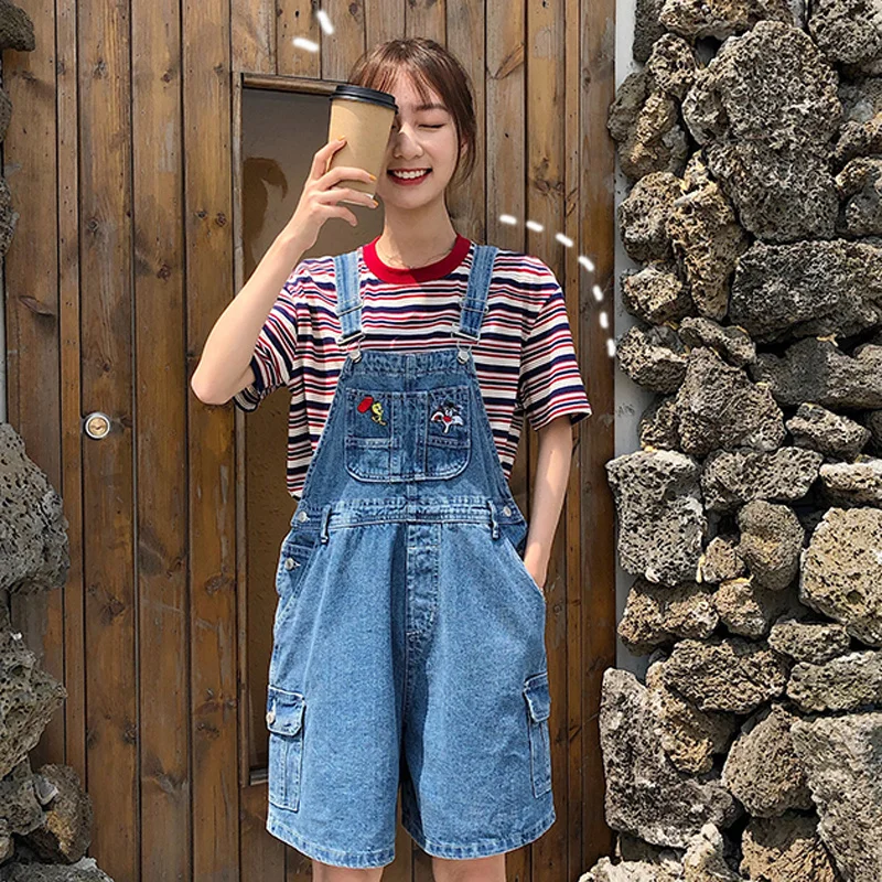 

2021 New Summer Korean Preppy Style Jumpsuit Denim Overalls Pocket Casual Girls Cartoon Border work Jeans Shorts Womens