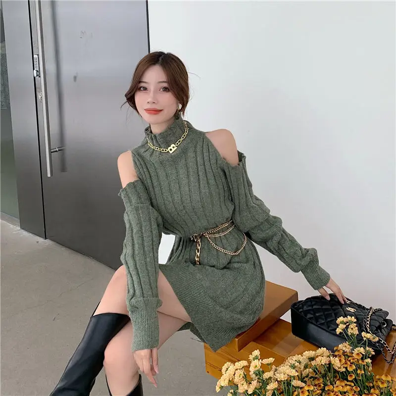 

Solid Knitted Dress Women Autumn Winter Elegant Dress Female Office Lady Casual Korean One-Piece Dress Fall 2020 Women Clothing