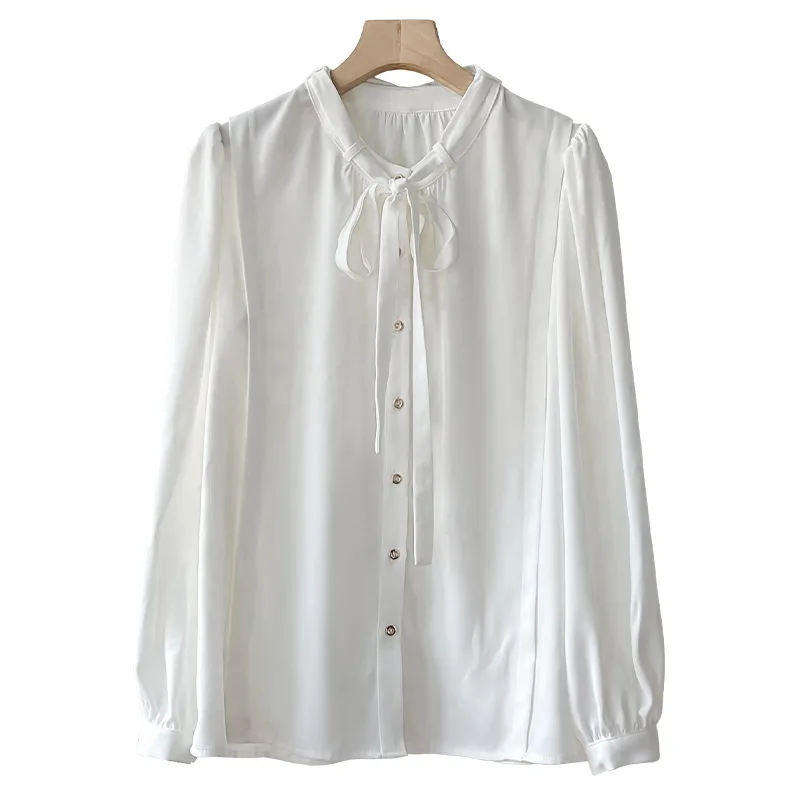New Korean Fashion Shirts 2021 Autumn Women Bow Collar Golden Button Long Sleeve Elegant White Shirts Ladies Casual Blouses