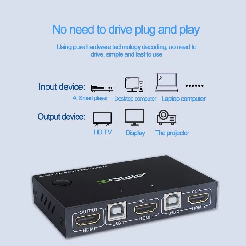 TZT 2 порта для HDMI-совместимого переключателя KVM 4K Поддержка беспроводной мыши