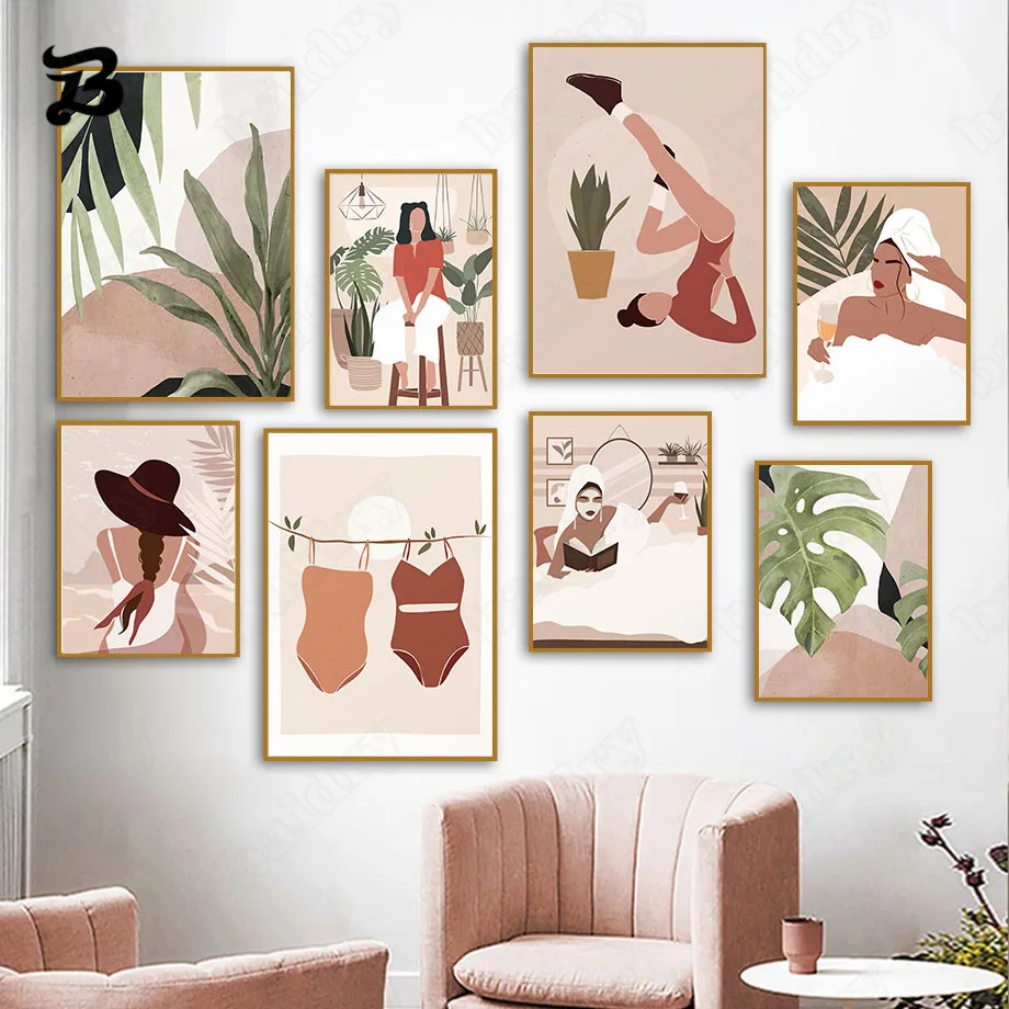 

Canvas Painting Abstract Yoga Girls Green Plants Leaves Boho Home Decoration Wall Art Nordic Wall Pictures for Living Room Decor
