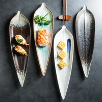 japanese style long leaf plate leaf shaped ceramic plate sushi plate dim sum plate restaurant creative plate dish flat plate
