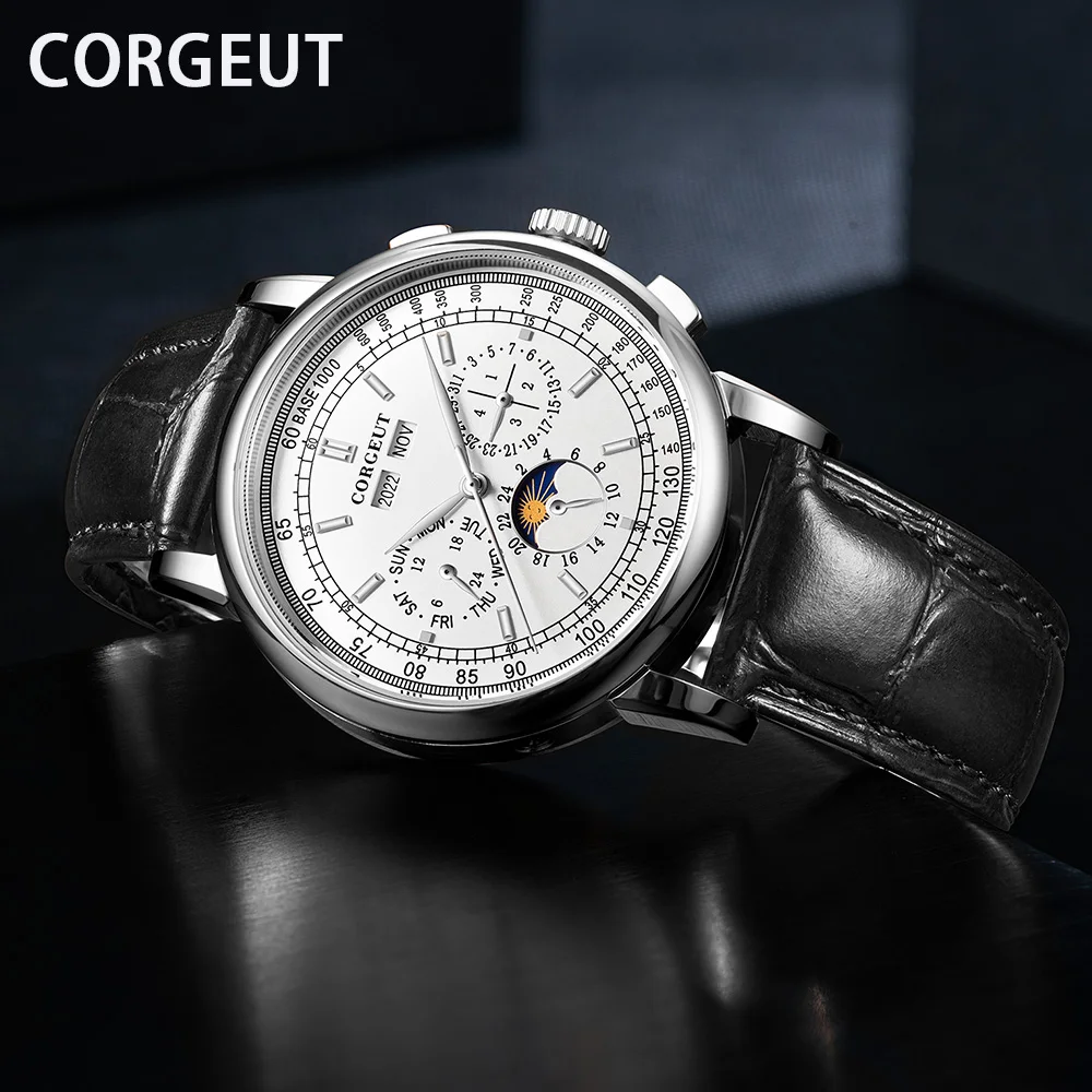 Mens Watches CORGEUT Top Brand Luxury Automatic Mechanical Watch Waterproof for Men Date Year Month Week Dial Leather Band