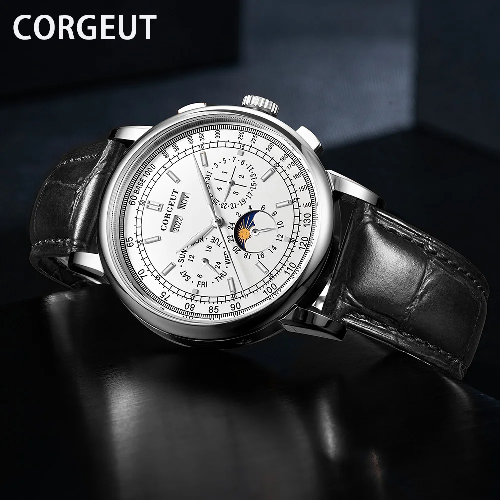 

Mens Watches CORGEUT Top Brand Luxury Automatic Mechanical Watch Waterproof for Men Date Year Month Week Dial Leather Band