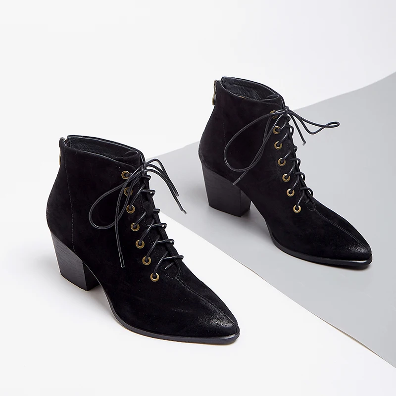 

Women's suede leather thick heel pointed toe lace-up autumn ankle boots pointed toe gradient color retro short booties shoes 42