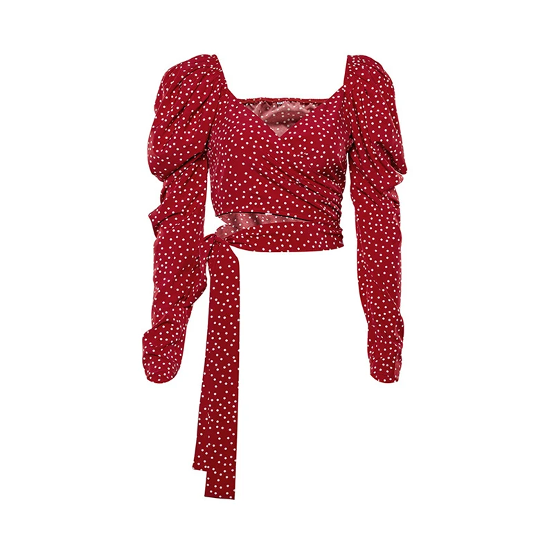 Женская винтажная блузка в горошек Элегантная с запахом и длинными