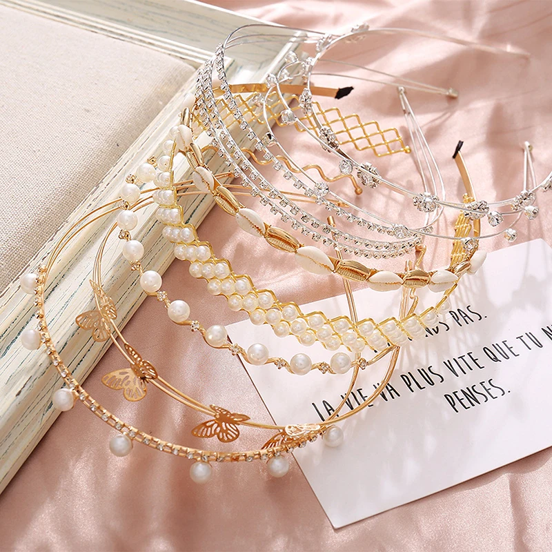 

Fashion Thin Metal Pearls Crystal Head Hoop Women Headband Korean Double Row Hairband Pearl Hair Accessories Tiaras