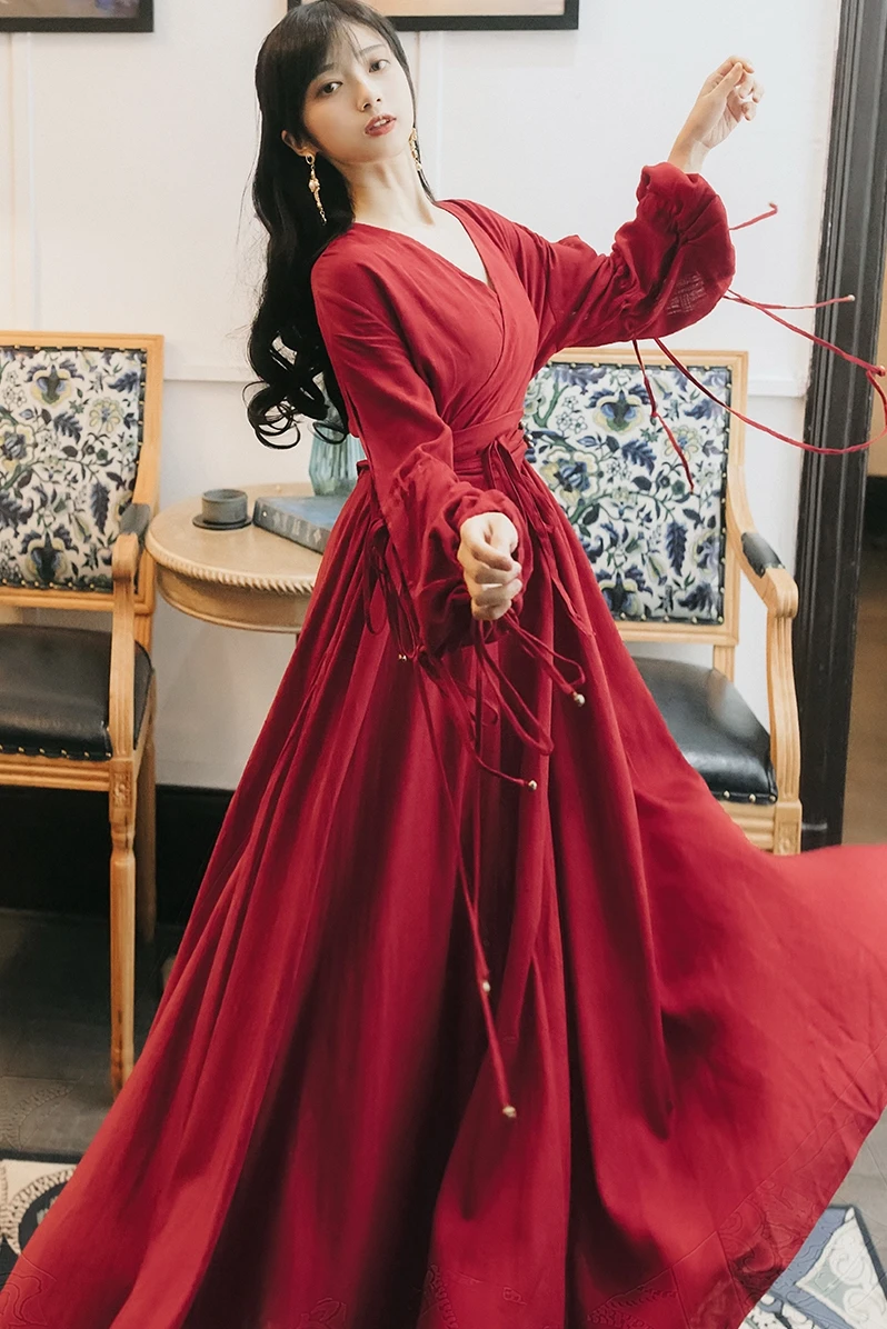 YOSIMI Maxi Chiffon Red Long Women Dress Bohemian V-neck Lantern Sleeve Full Sleeve Ankle-lenght Female Dress with Sashes