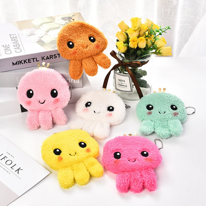 

Soft Plush Cartoon Octopus Women Coin Purse Mini Cute Oval Zipper Children Girl Coin Wallet Card USB Cable Bag Key Walle