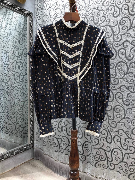 

Fall / winter 2020 new women's small standing collar floral pattern decoration long sleeve versatile shirt 1022