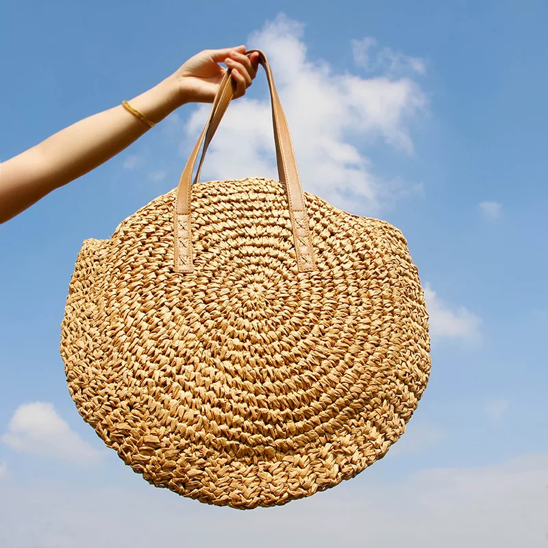 

Round Straw Beach Bag Vintage Handmade Woven Shoulder Bag Raffia circle Rattan bags Bohemian Summer Vacation Casual Bags