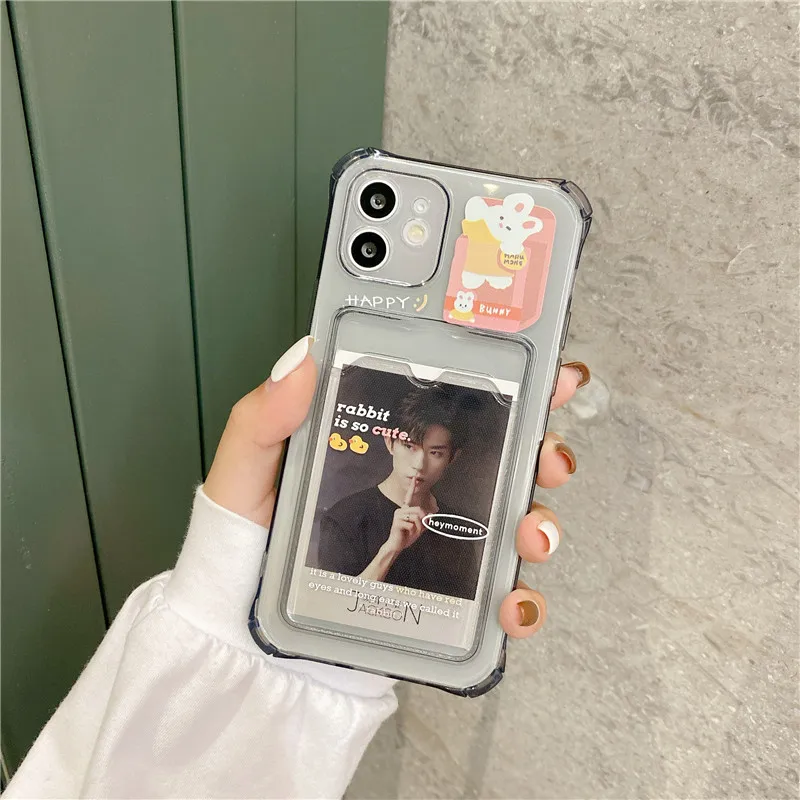 Cute Bear Cartoon Rabbit Card Holder Wallet Phone Case For iPhone 11 12 13 Pro XS Max XR 7 8 Plus Soft TPU Shockproof Case Cover