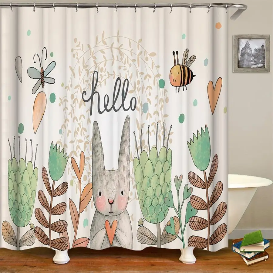 Водонепроницаемая занавеска для душа с рисунком кролика из полиэстера в