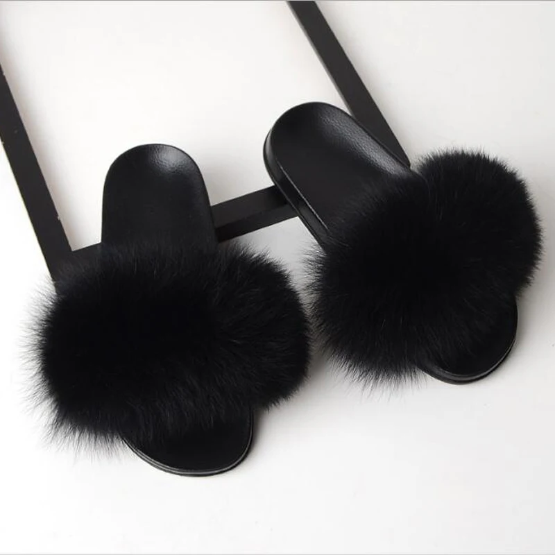 Сланцы женские из натурального Лисьего меха летние пушистые шлепанцы