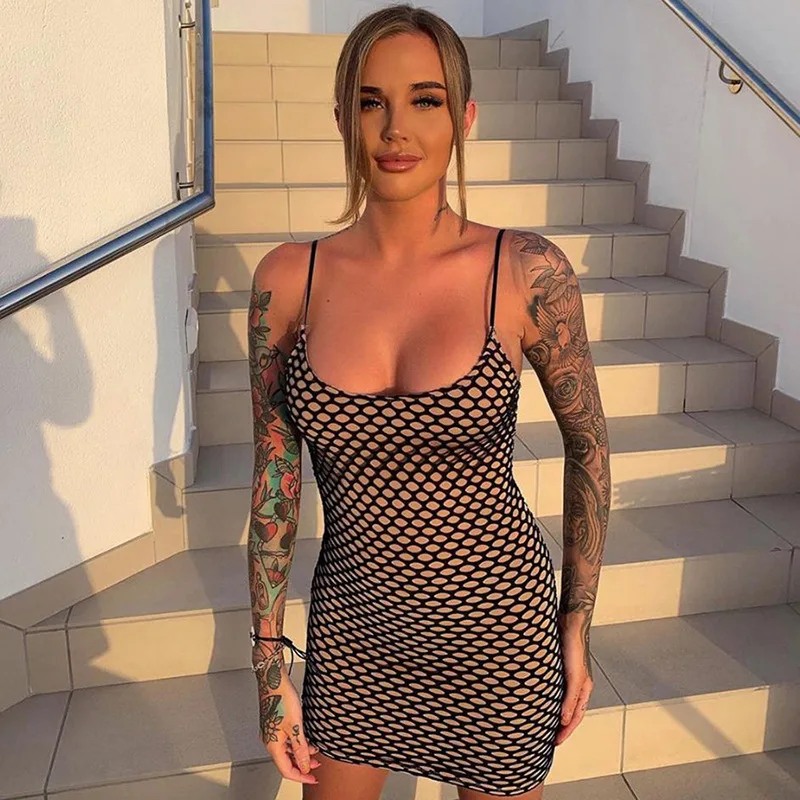 

Women's party dress, 2021 summer women's dress, suspenders, hollow mesh and contrast color slim skirt dress mini Vestido