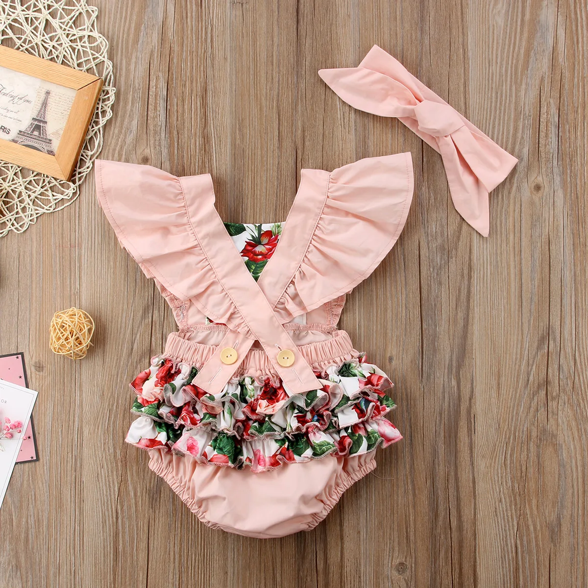 

0-24M Newborn Baby Girls Pink Floral Bodysuit Sleeveless Vest Jumpsuit+ Headband Outfit Clothes