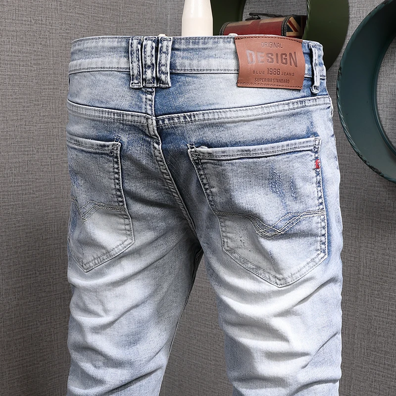 Mens Light Blue Ripped Jeans Men Summer Thin Straight Slim Fit Pants Streetwear Cotton Denim Trousers