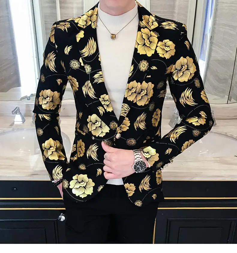 Смокинги Мужской Блейзер пиджак Slim Fit цветочный костюм тренд цветы модный мужской костюм куртка Серебро Золото