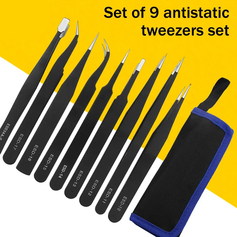 

Пинцет ESD Антистатический из нержавеющей стали, точные пинцеты с сумкой для хранения электроники, маникюра, 9 шт.