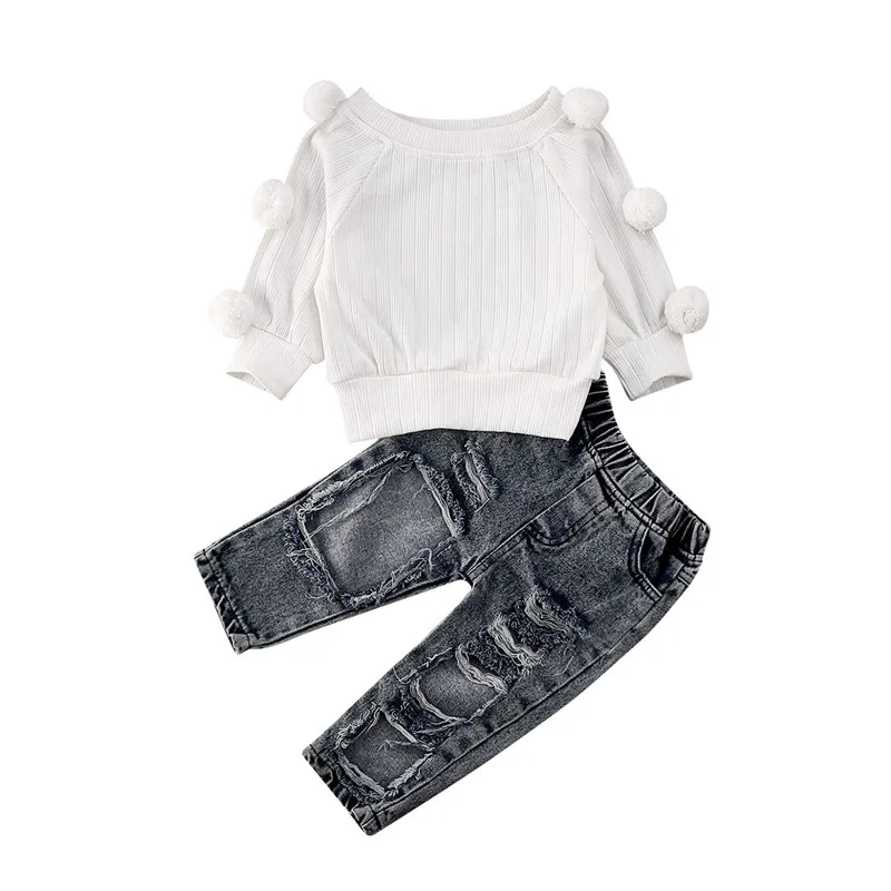 1-5Y Toddler Kids Girls Winter Long Sleeve Pom Hair Ball Knitted Sweater Tops Denim Hole Pants Baby Clothes Outfits 2Pcs Set | Мать и