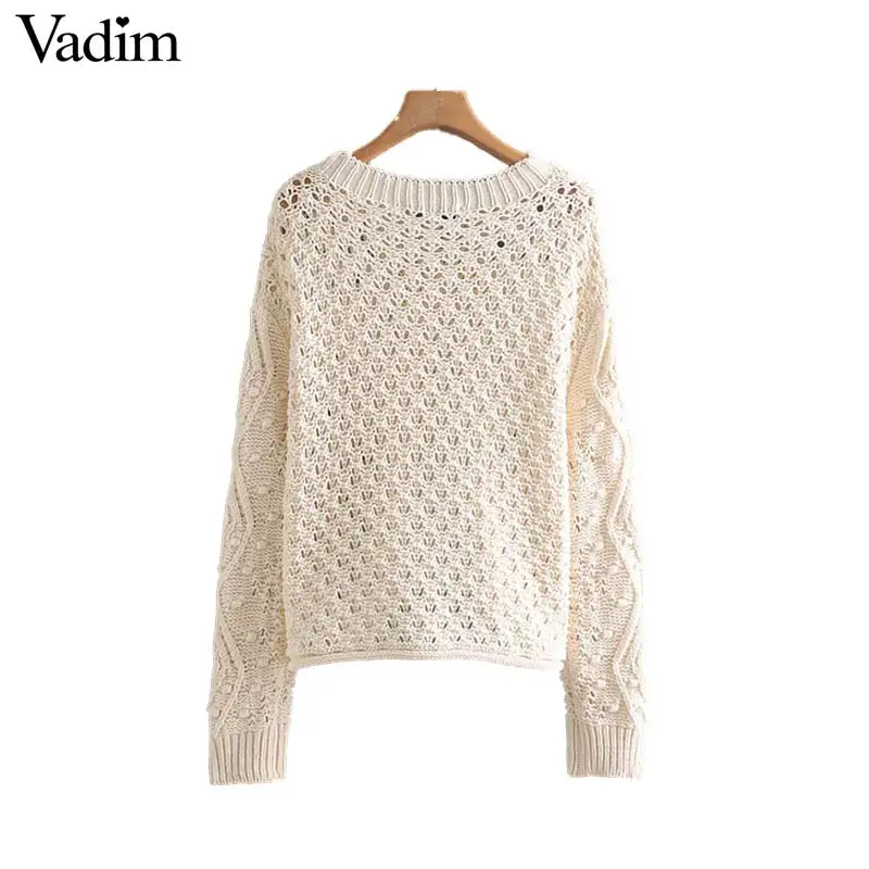 Vadim милый Женский вязаный выдалбливают сплошной свитер Длинные рукава с круглым