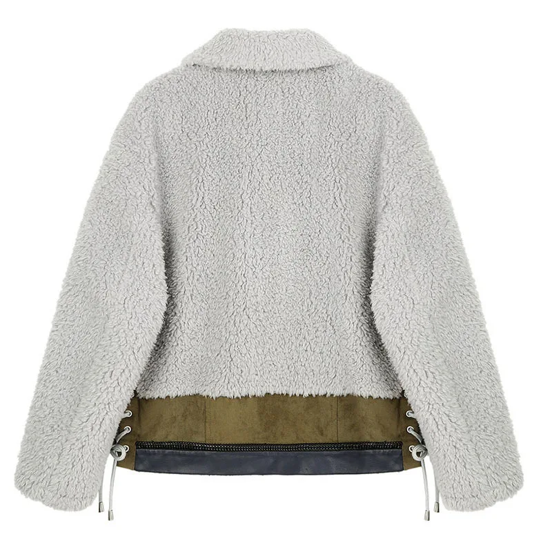 

[EAM] Loose Fit Gray Imitation Lambswool Big Size Thick Warm Jacket New Lapel Long Sleeve Women Coat Autumn Winter 2021 1DD0947