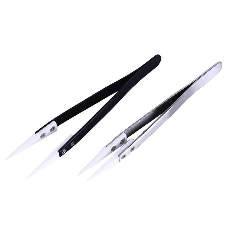 

Прямые керамические пинцеты для электроники, 2 шт., ручка из нержавеющей стали, ручной инструмент, точный пинцет