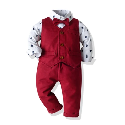 Топ и топ для маленьких мальчиков джентльменский деловой костюм красный галстук-бабочка рубашка с длинным рукавом + брюки + жилет комплект из 3 предметов Одежда для новорожденных
