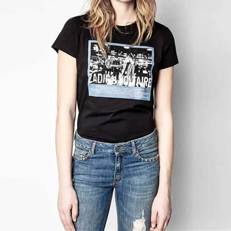 

2021 vero nova camisa manga curta feminina carta impressa manga curta casual o-neck camiseta