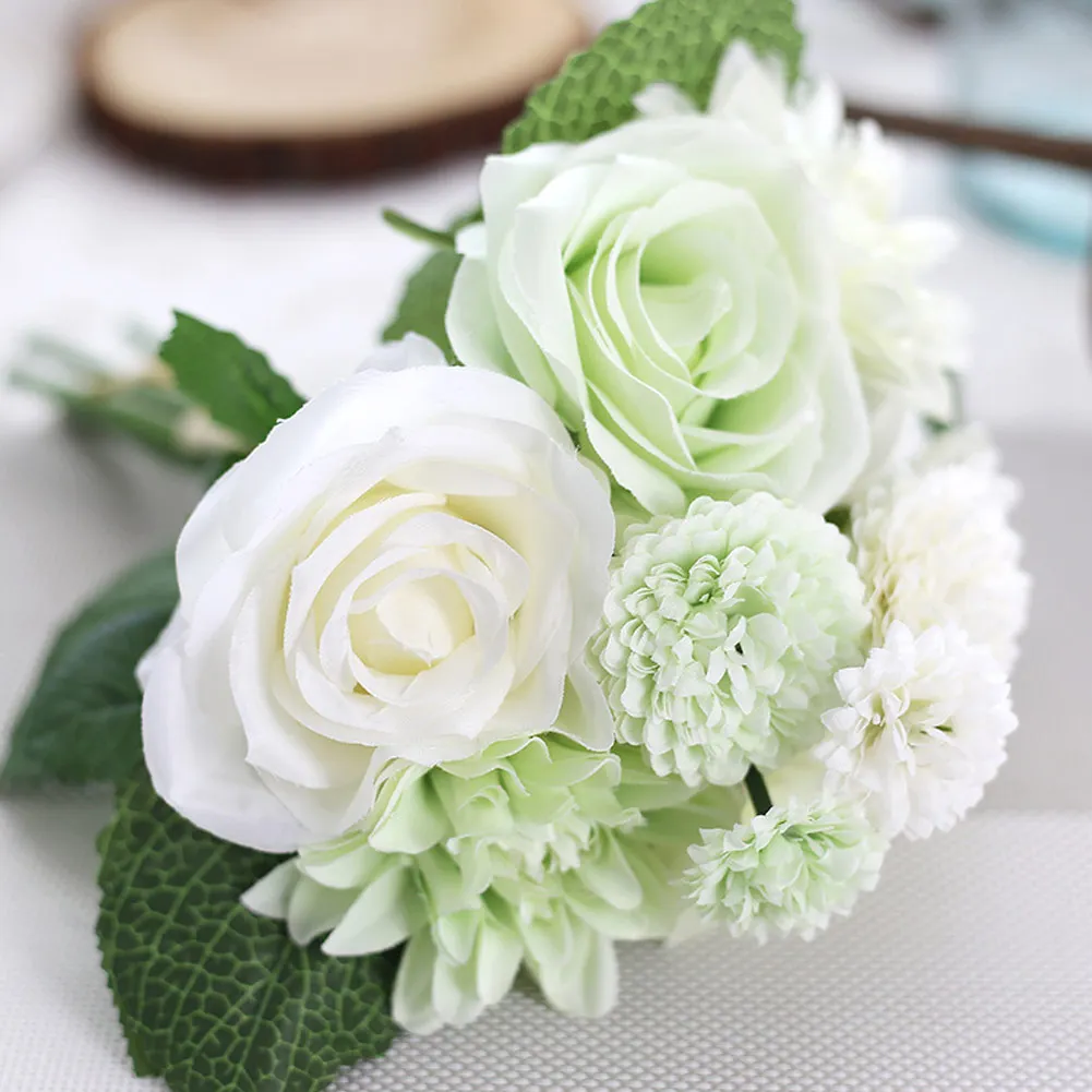 White Green 1 букет Роза, Георгин, искусственные цветы, шелк, настоящий на ощупь, искусственный цветок, свадебный букет для украшения свадьбы, домашний садовый декор, Флора - Цвет: White Green