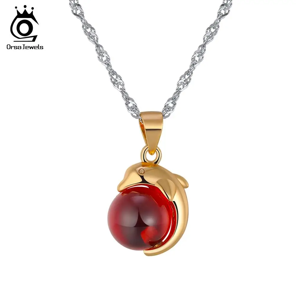 Gold Color ORSA JEWELS стерлинговое серебра 925 пробы, красный агат дельфин кулон, ожерелье для женщин подлинные серебряные ювелирные изделия, SN02 - Цвет камня: Gold Color