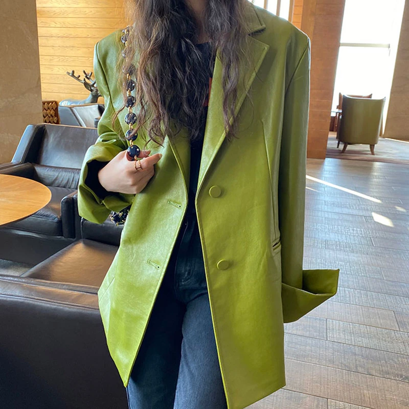 Korean Loose Fit Solid Color Pu Leather Jacket New Lapel Long Sleeve Women Coat Fashion Tide Spring 2022 Leather Coat PY137