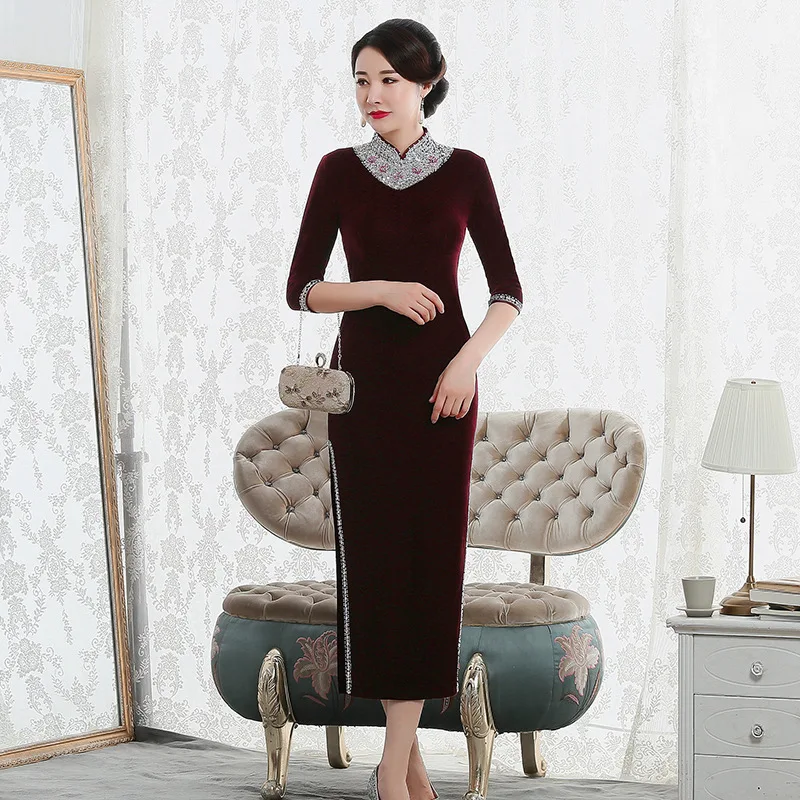 Новый стиль ретро бархат cheongsam с гвоздями бусинами для прогулок шоу платье