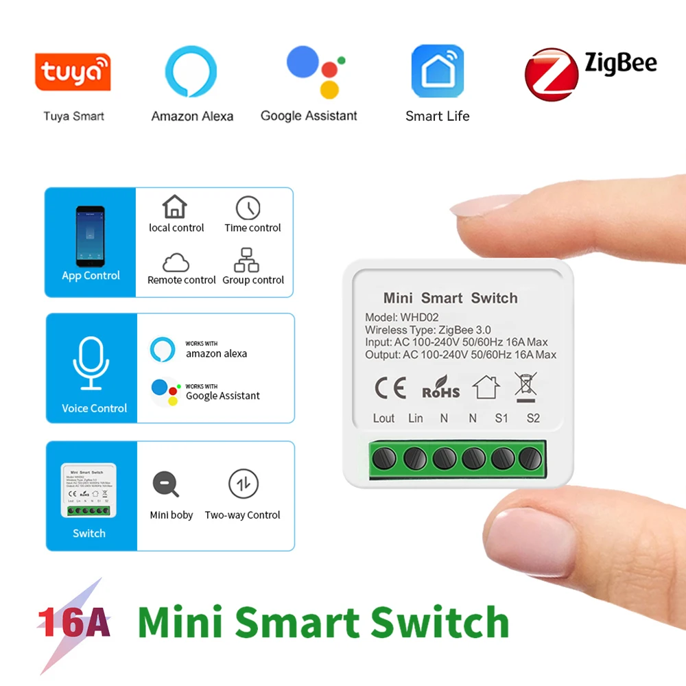 

Tuya MINI Zigbee Smart Switch 16A 2-way Control Timer Smart Home Automation Modules Works With Alexa Google Home
