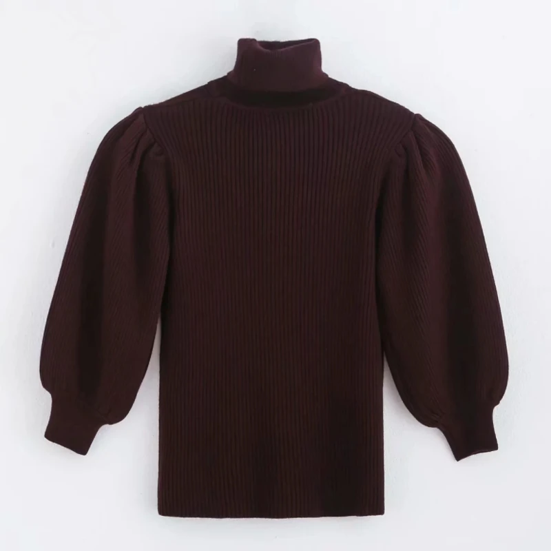 New 2020 women fashion turtleneck knitted sweater puff sleeve stretchy slim fit pullovers female stylish solid color tops S236 | Женская