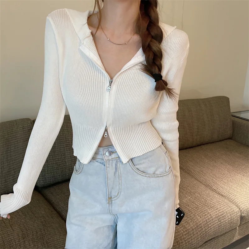 

Real Shot Hooded Zipper Knitted Cardigan Short Top Outer