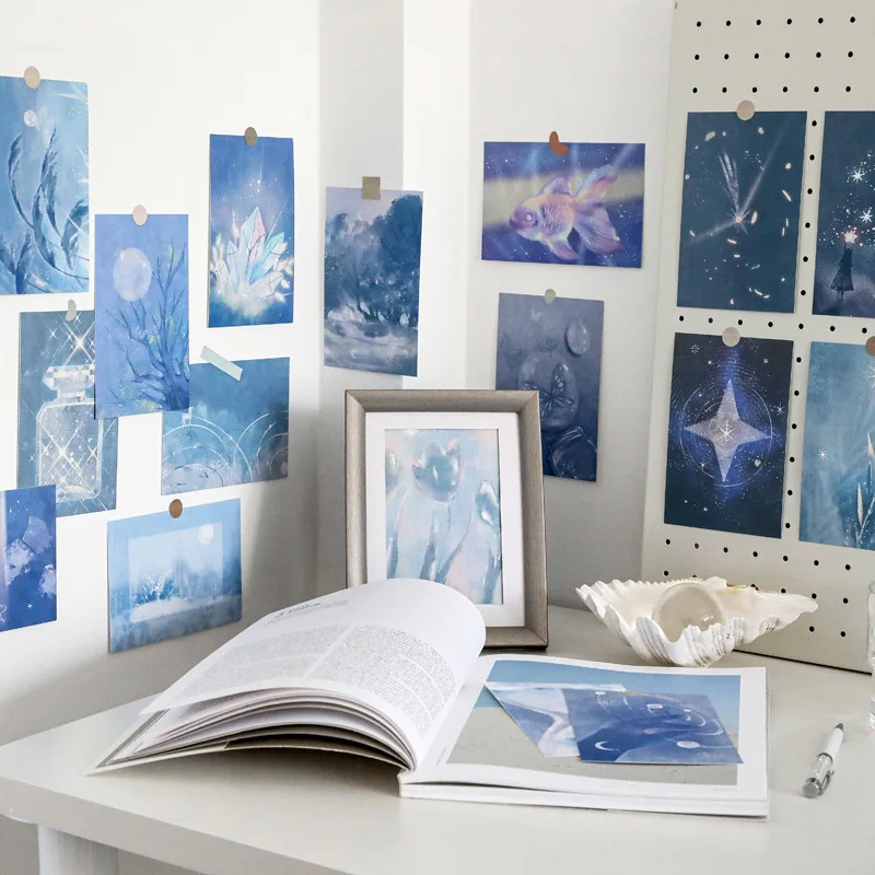 

Ins Girl Blue Dreamy Decorative Pictures Art Painting Postcard Room Poster Card Photo Props Diy Creative Wall Sticker 15 Sheets