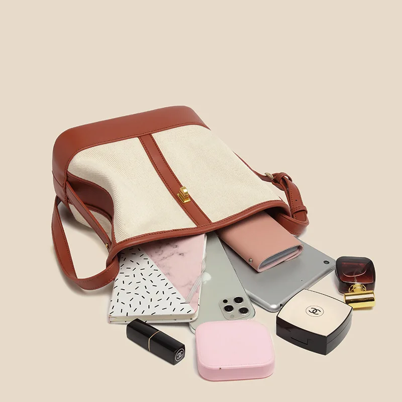 

High Quality Contrast Color Canvas Buckle Large Capacity Bucket Bag 2021 New Fashion All-match Single Shoulder Crossbody Bag Cc