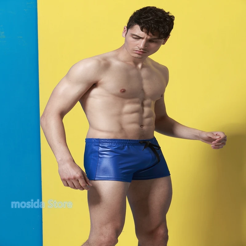

100pcs 2021 new lace-up men's swimming trunks imitation patent leather swimsuit boxer sports shorts men's underwear