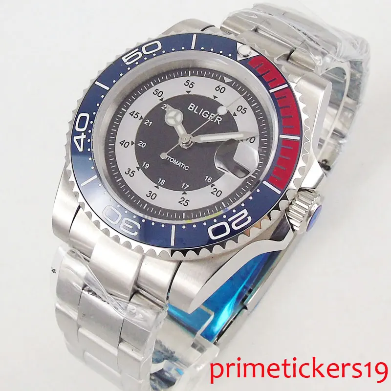 

40mm BLIGER black dial sapphire glass date window mental strap automatic movement men watch 141