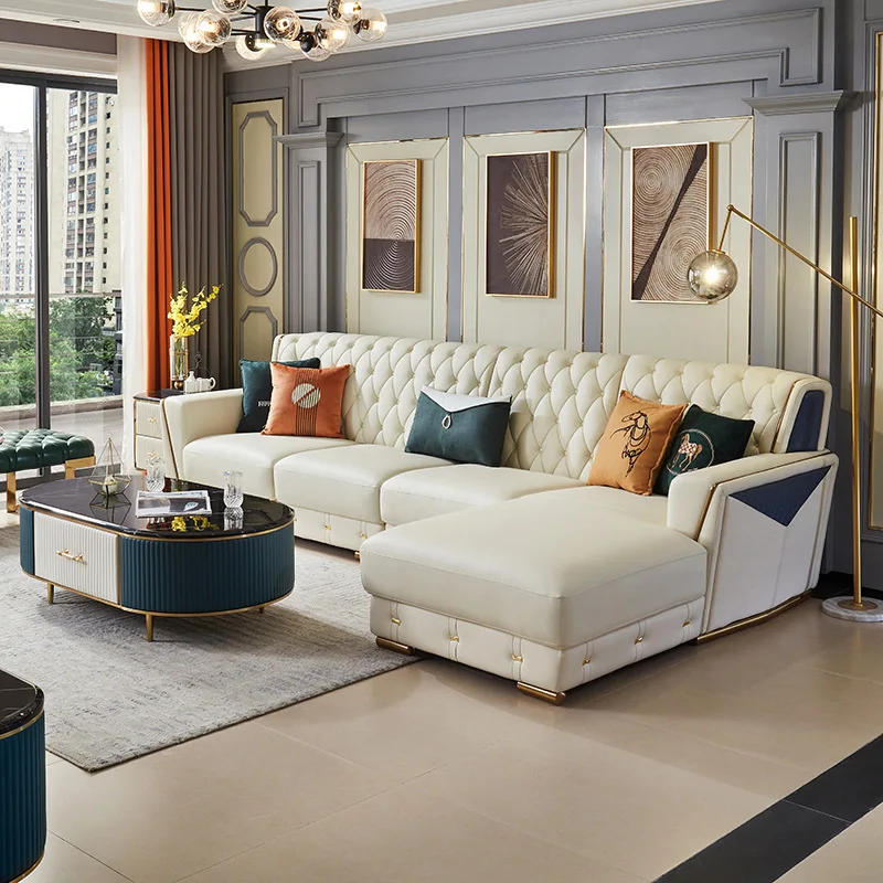 Итальянский светлый роскошный кожаный диван для гостиной в гонконгском стиле