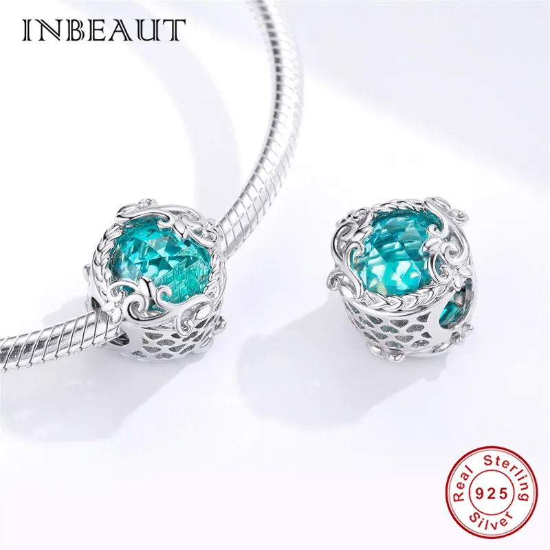INBEAUT настоящий 925 пробы, серебряные, зеленые циркониевые бусины для садовых растений, подходят для браслетов Пандора, подвески с длинной травой для самостоятельного изготовления ювелирных изделий