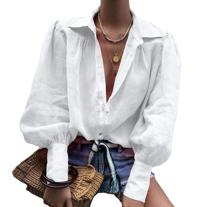 

Women Blouses Vintage Lantern Sleeve Autumn Winter V-Neck Blouse Female Loose Shirts Tops blusas mujer