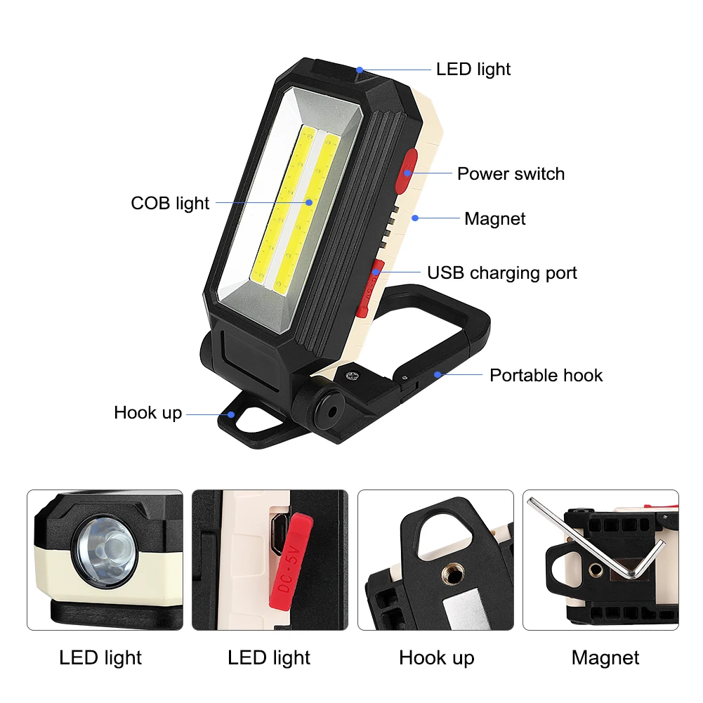 COB LED Work Light XML T6 Flashlight USB Rechargeable Magnetic Torch Flexible Inspection Lamp Worklight With Power Displayer | Лампы и