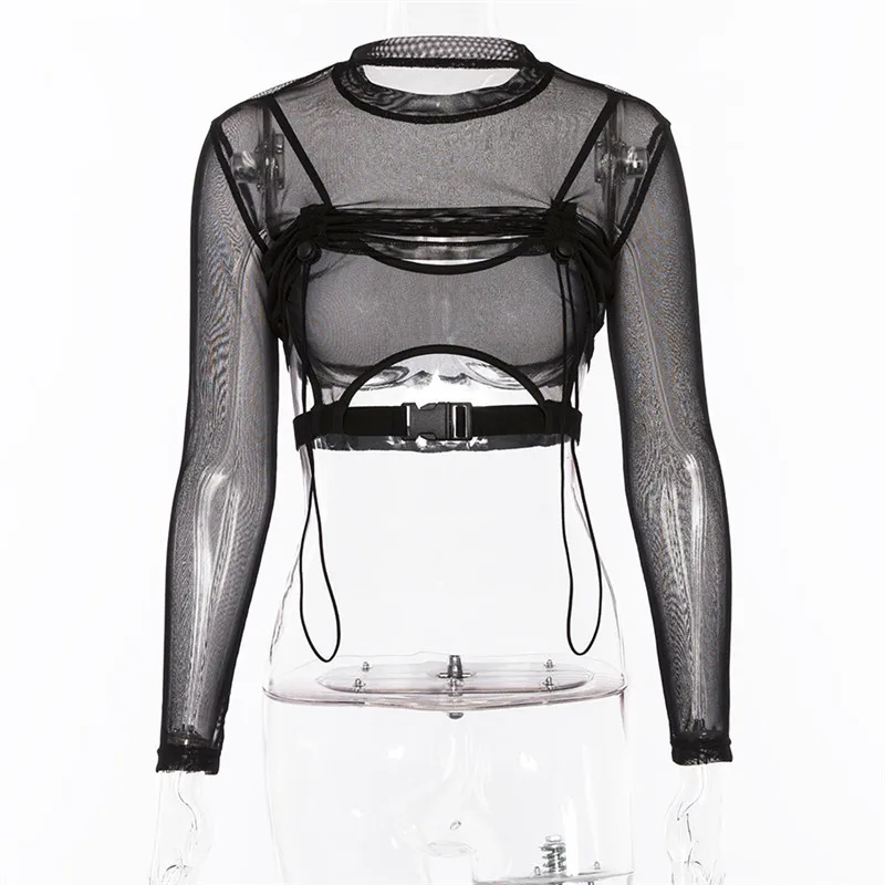 

Kpop Seo Yea Ji same black Net yarn hollow perspective tshirt women summer Streetwear tees Gothic short section t shirt Tops